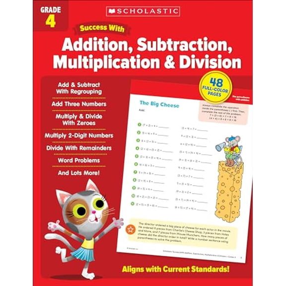 Pre-Owned Scholastic Success with Addition, Subtraction, Multiplication & Division Grade 4 Workbook (Paperback) 1338798316 9781338798319