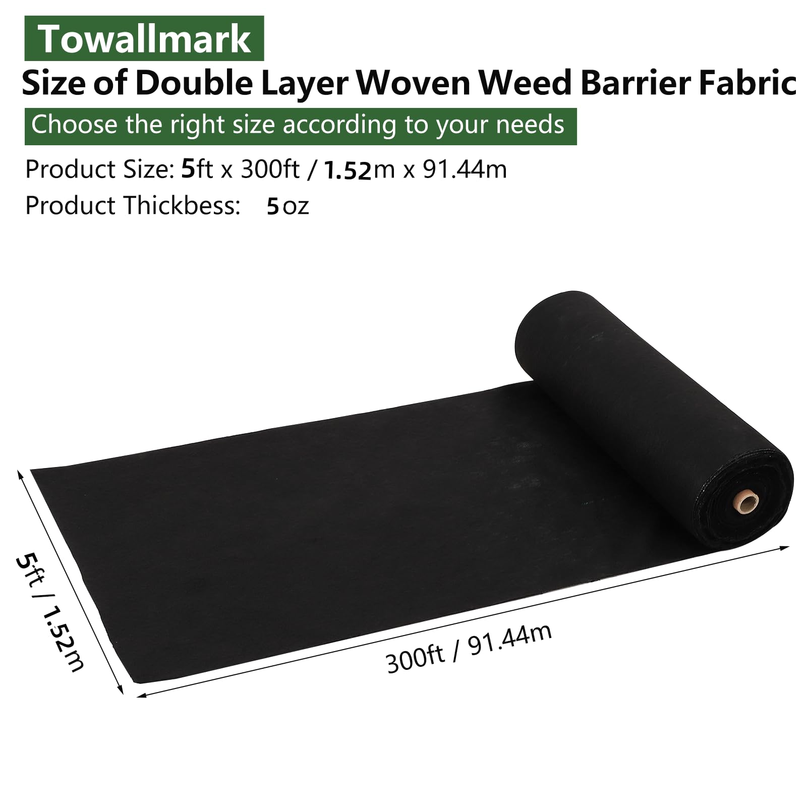 Towallmark Woven Landscape Fabric 5oz, Towallmark 5 x 300FT Weed Fabric Barrier, Double Layer, Garden Fabric Weed Barrier, Weed Control Fabric Ground Cover, Gardening Mat for Garden Beds, Landscaping