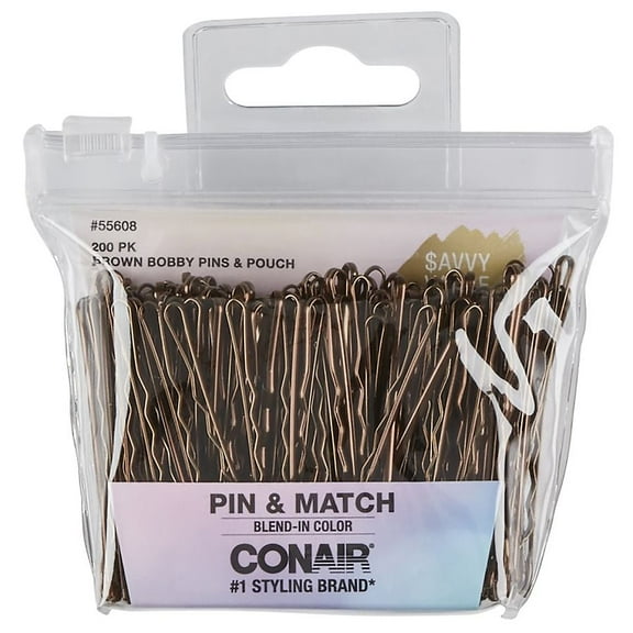 Conair Pin & Match Blend-In Color Metal Bobby Pins, Brown, 200-Pieces with Pouch