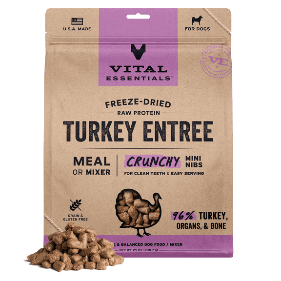 Vital Essentials Freeze Dried Dog Food, Raw Turkey Crunchy Mini Nibs | Complete Meal or Topper | 96% Turkey, Organs & Bone | Limited Ingredient, High Protein, Grain Free Dry Dog Food | 25 oz bag