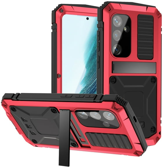 Compatible with Samsung Galaxy S25 Metal Case, with Screen Protector Camera Lens Protector Military Rugged Heavy Duty Shockproof Case with Metal Kickstand Full Body Tough Dustproof Case, Red