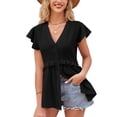 thumbnail image 1 of Camiseta informal de verano con cuello en V y manga corta con estampado de puntos y volantes en la cintura para mujer, 1 of 6