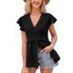 thumbnail image 1 of Whataatahia Camiseta con cuello en V para mujer, manga corta, patrón de puntos, cintura con volantes, cierre de botón, camiseta informal de verano, negro L, 1 of 6