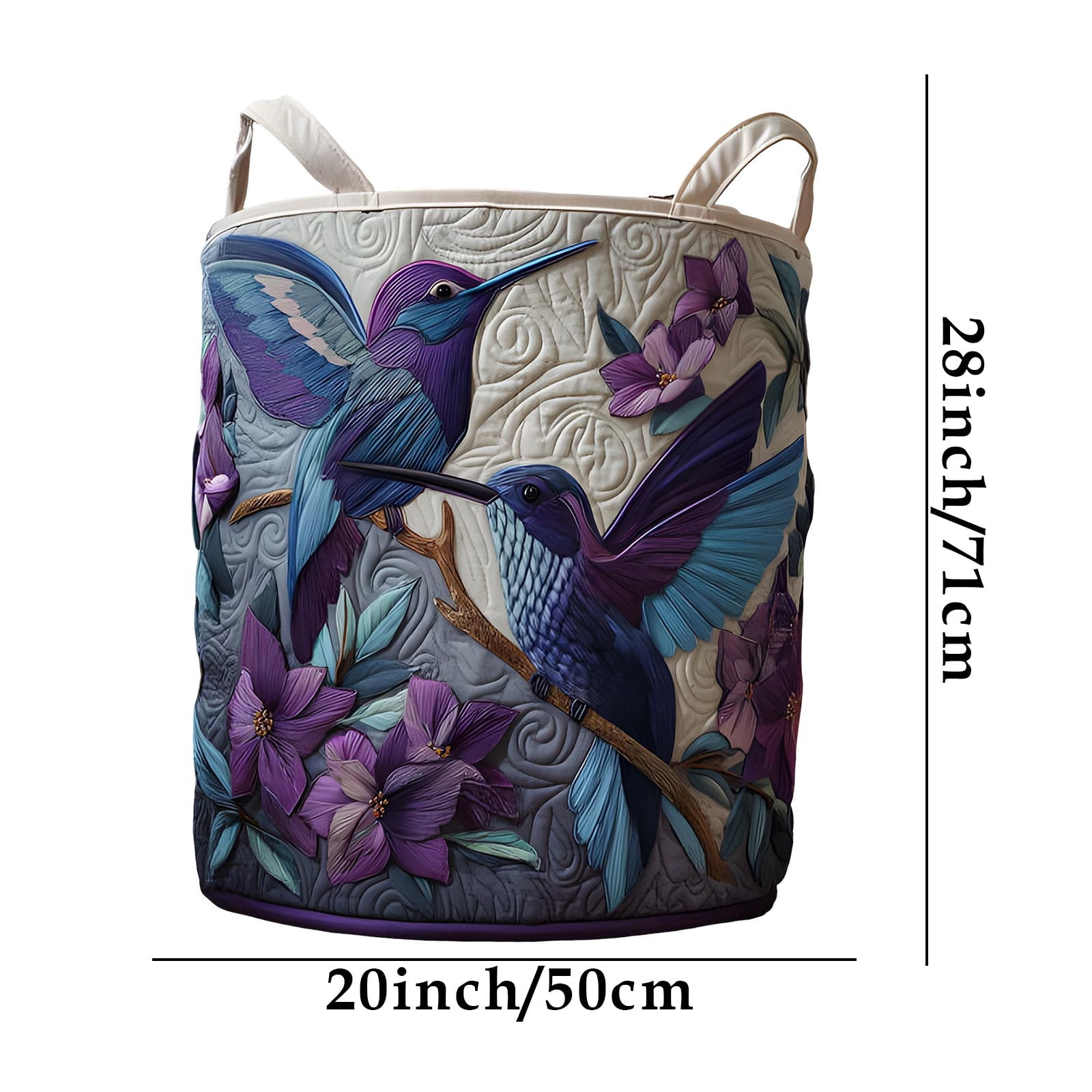 HCBY 20x28in Quilted Laundry Basket, Boho Hummingbird Floral Fabric Hamper, Foldable Storage Bin with Handles, Ideal for Nursery, Bedroom & Laundry Room