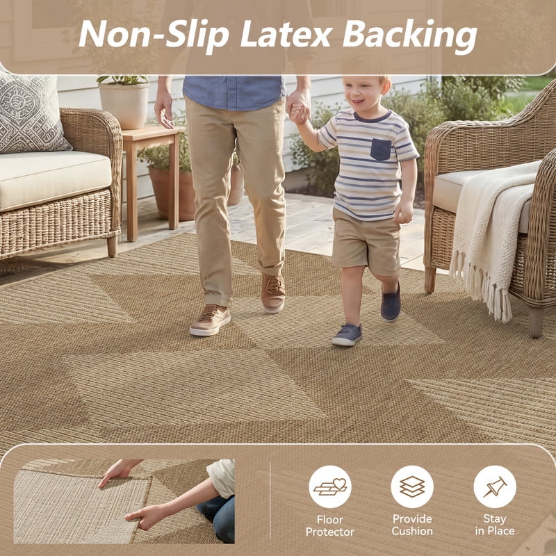 SIXHOME 8'x10' Outdoor Rugs, Bohemian Geometry Patio Rug, Indoor Outdoor Polypropylene Weave Textured Carpet, Water-Resistant, Quick-Dry Rug for Porch, Balcony, RV, Garden, Neutral Brown