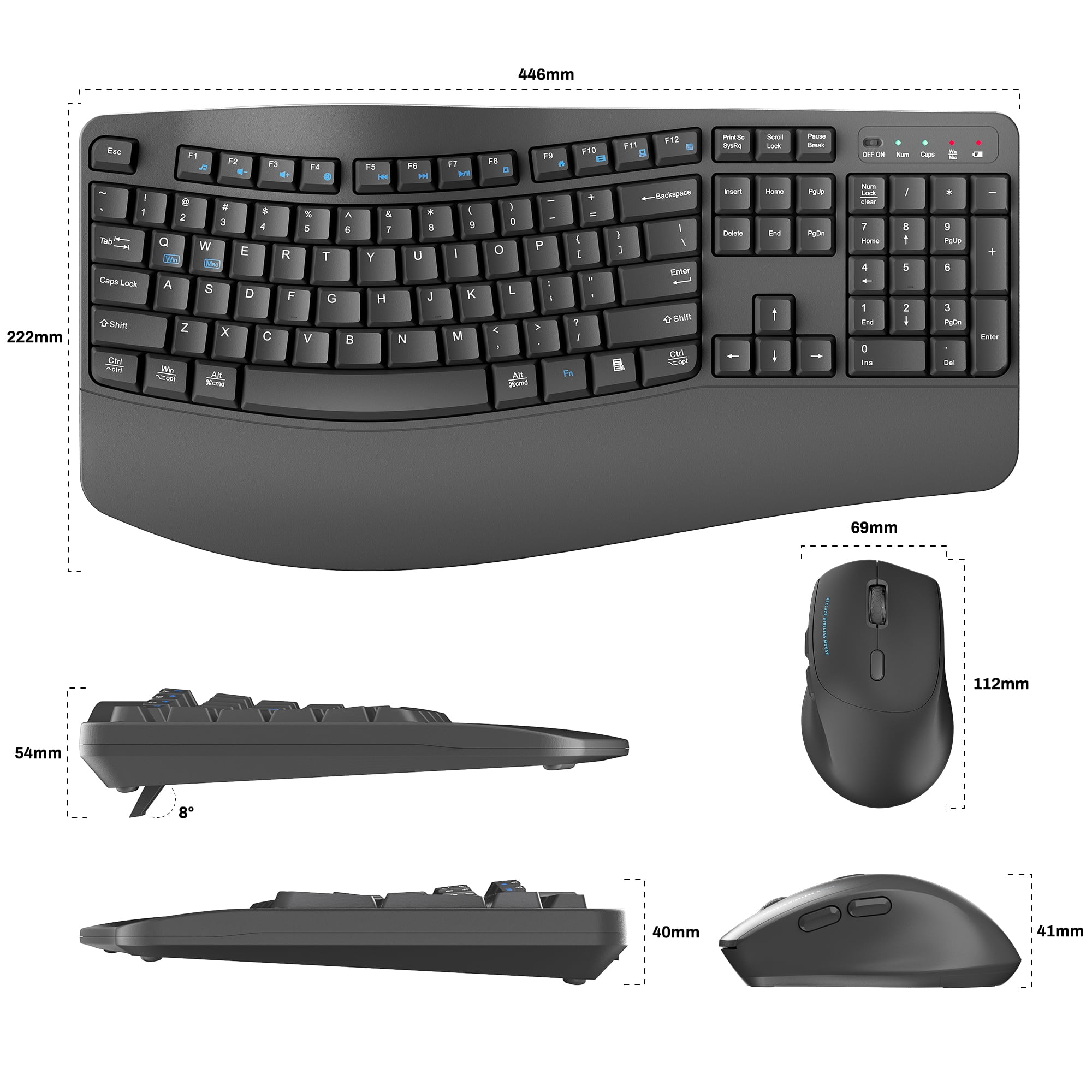 Wireless Keyboard and Mouse Combo, 2.4G Full Size Wave Keys Ergonomic Keyboard with Wrist Rest and 3-Level DPI Adjustable Wireless Ergonomic Mouse for Windows, Mac OS Desktop/Laptop/PC(Grey)