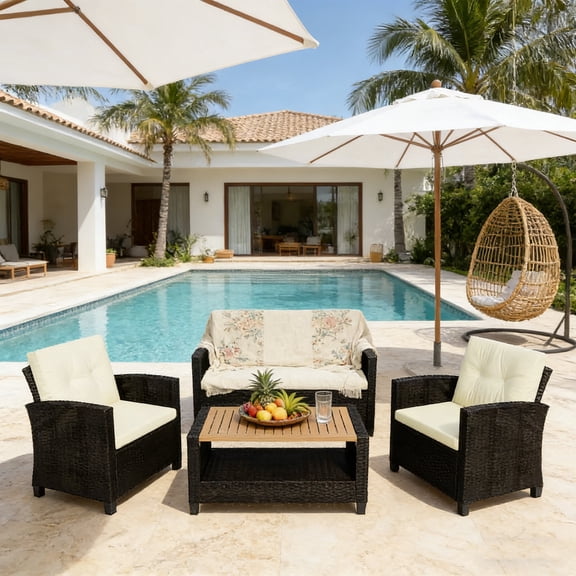 KIOOTTO 4-Piece Outdoor Wicker Conversation Set with Acacia Wood Coffee Table, Patio Sofa Set with Beige Cushions