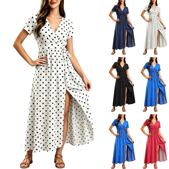 Wedding Guest Dresses for Women V Neck Short Sleeve Polka Dot Wrap Maxi Dress Waist Tie Side Slit Flowy Long Summer Dress for Any Occasion L