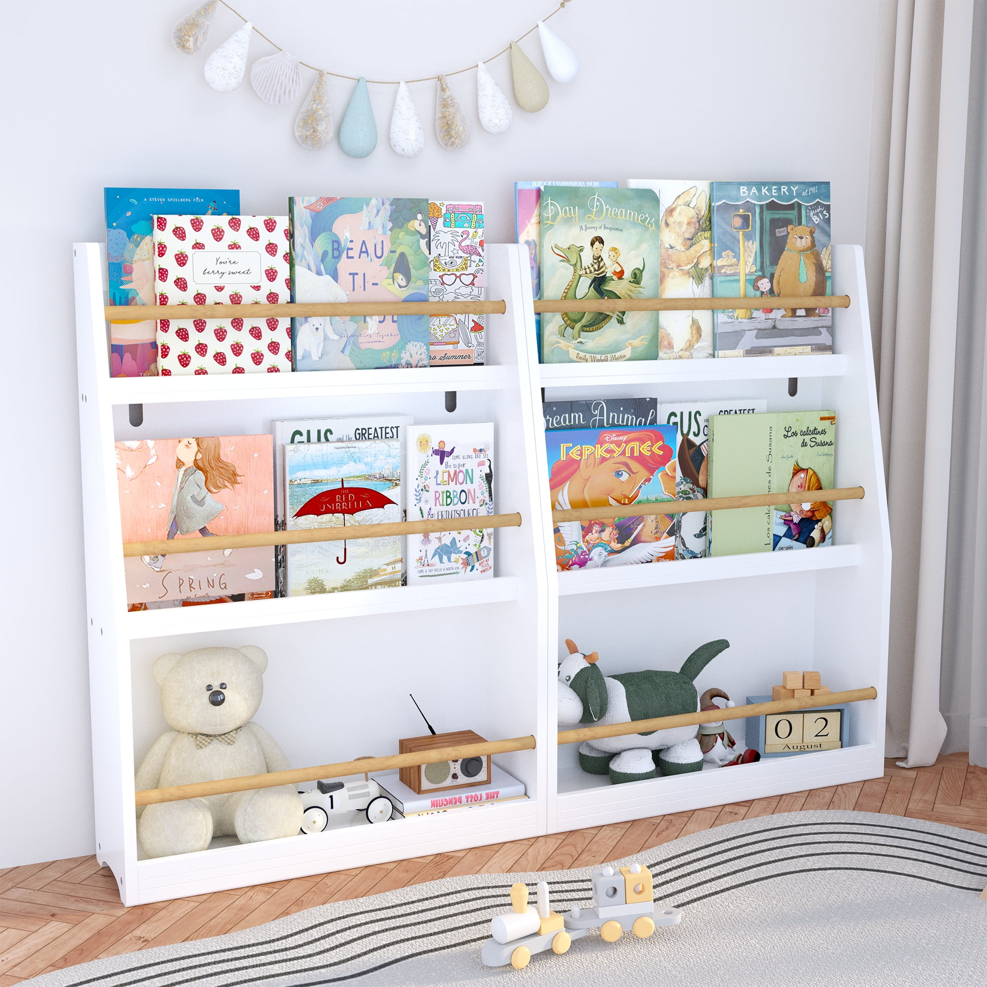 Miniyam 3-Tier Wooden Bookshelf with Toy Storage for Kid, White