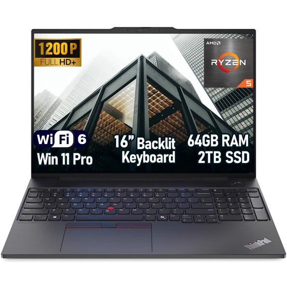Lenovo ThinkPad E16 Gen 2 Business Laptop, 16" WUXGA IPS, AMD Ryzen 5 7535U, Windows 11 Pro, 64GB DDR5, 2TB SSD, Fingerprint, ThinkShield Security, Aluminium Case, Black