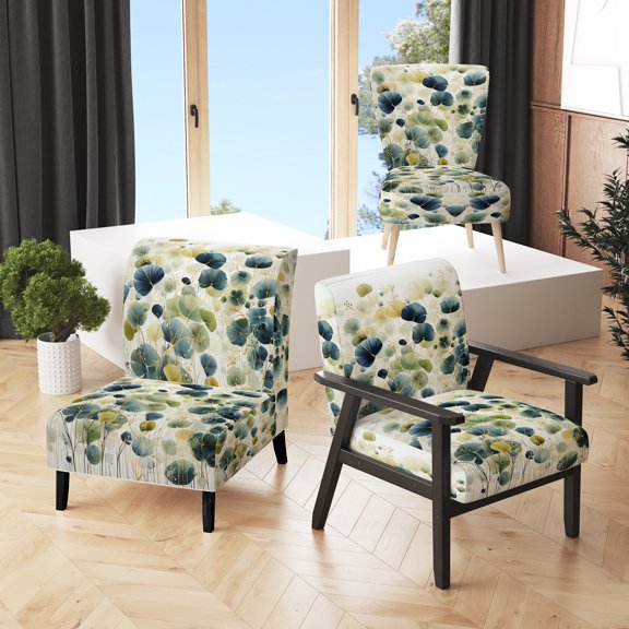 Designart "Blue Green Botanical gracefulness" Blue Abstract Upholstered Accent Chair - Modern Arm Chair For Bedroom