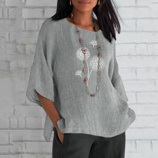 Pxiakgy Chemises pour Femmes Été Manches 3/4 Col Rond Imprimé Floral Haut Ample T-Shirts Tunique en Lin Décontractée Blouse Grise + S