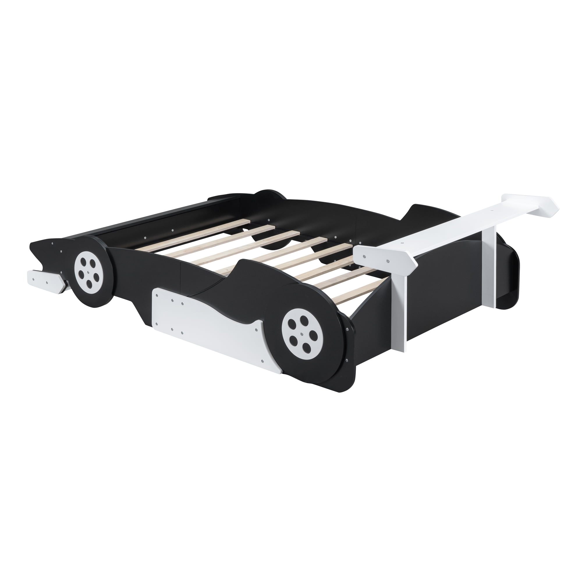 Full Size Race Car-Shaped Platform Bed with Wheels, Unique Race Car Design with Side Rails, Sturdy Plywood Construction, No Box Spring Needed, for Bedroom, Black