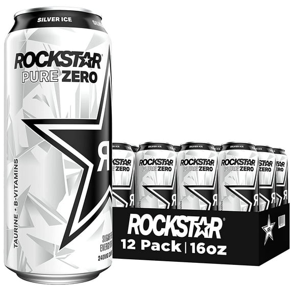 Rockstar Pure Zero Energy Drink, Silver Ice, 16oz Cans (12 Pack) (Packaging May Vary)