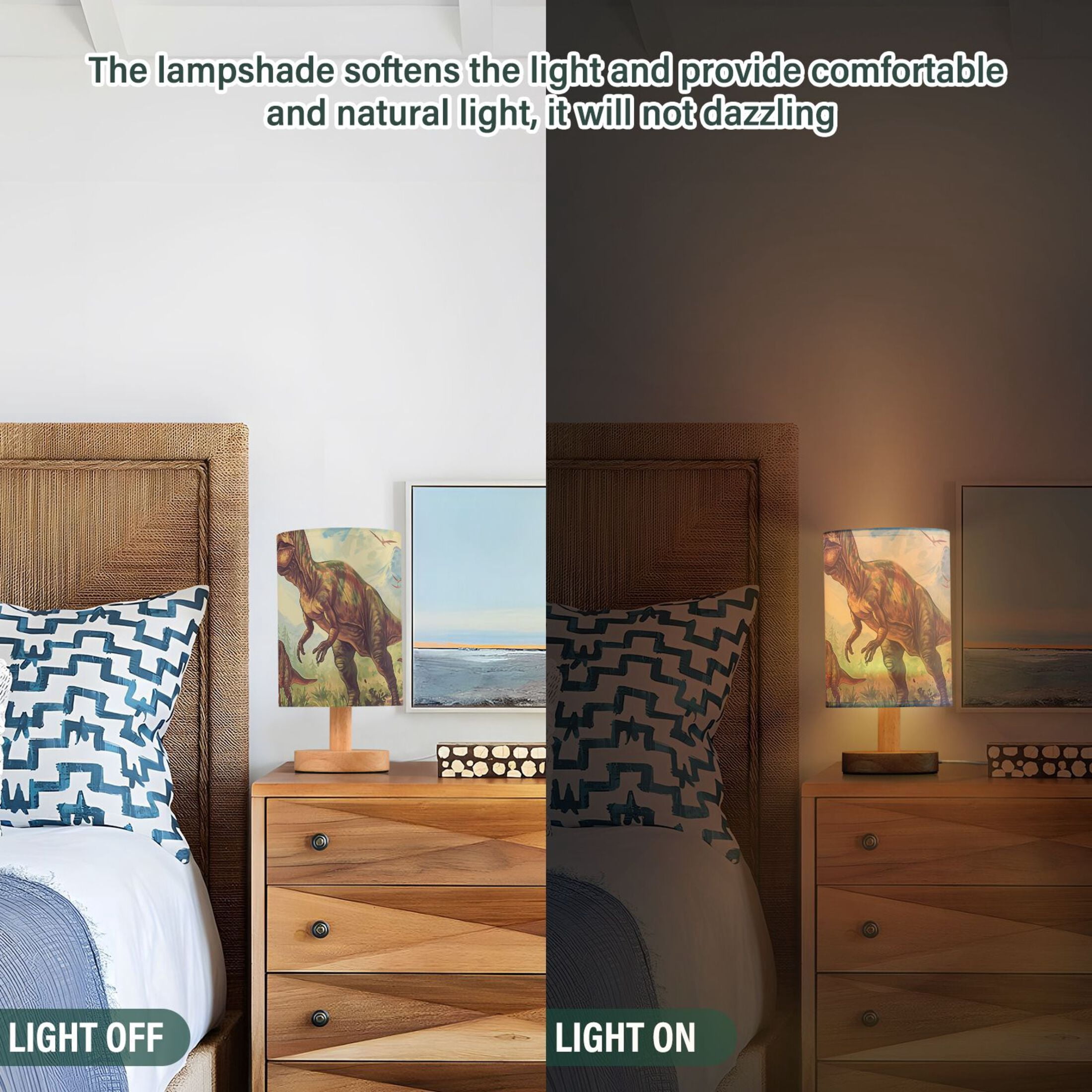 Dinosaurs Trees Leaves Sky Table Lamp USB Bedside Desk Nightstand Lamp Printed Gifts Small Lamp Wood Base for Bedroom Living Room Kids Room College Dorm