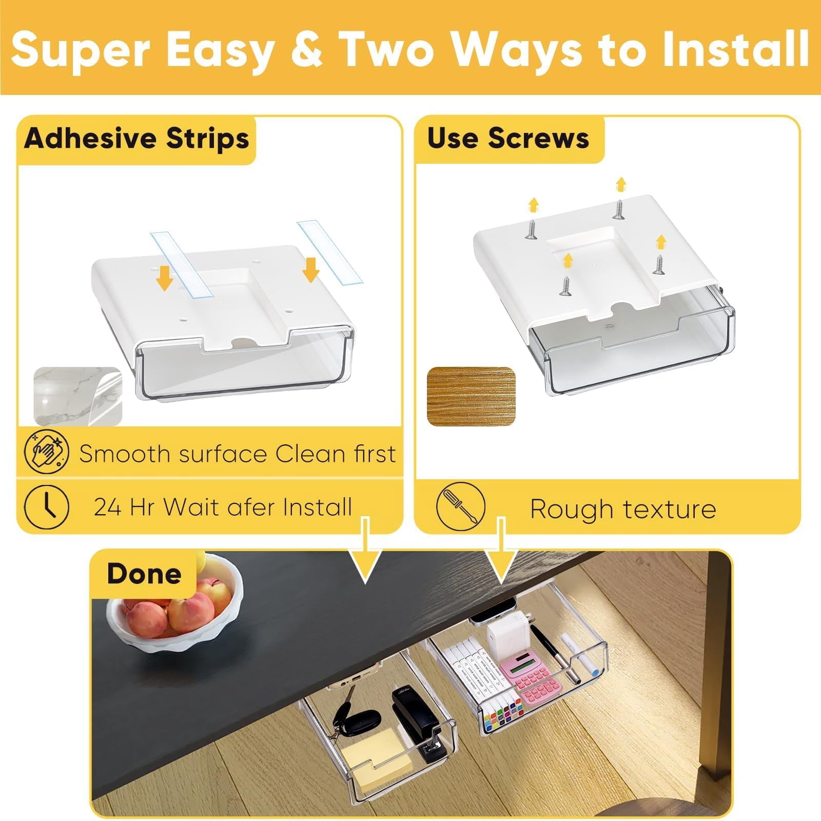 2 Pack Under Desk Hanging Drawer Slide Pull Out  Attachable Clear Storage Tray Easy Self Adhesive Mount Cabinet Shelf Holder For Tables Home & Office Counters Workstation