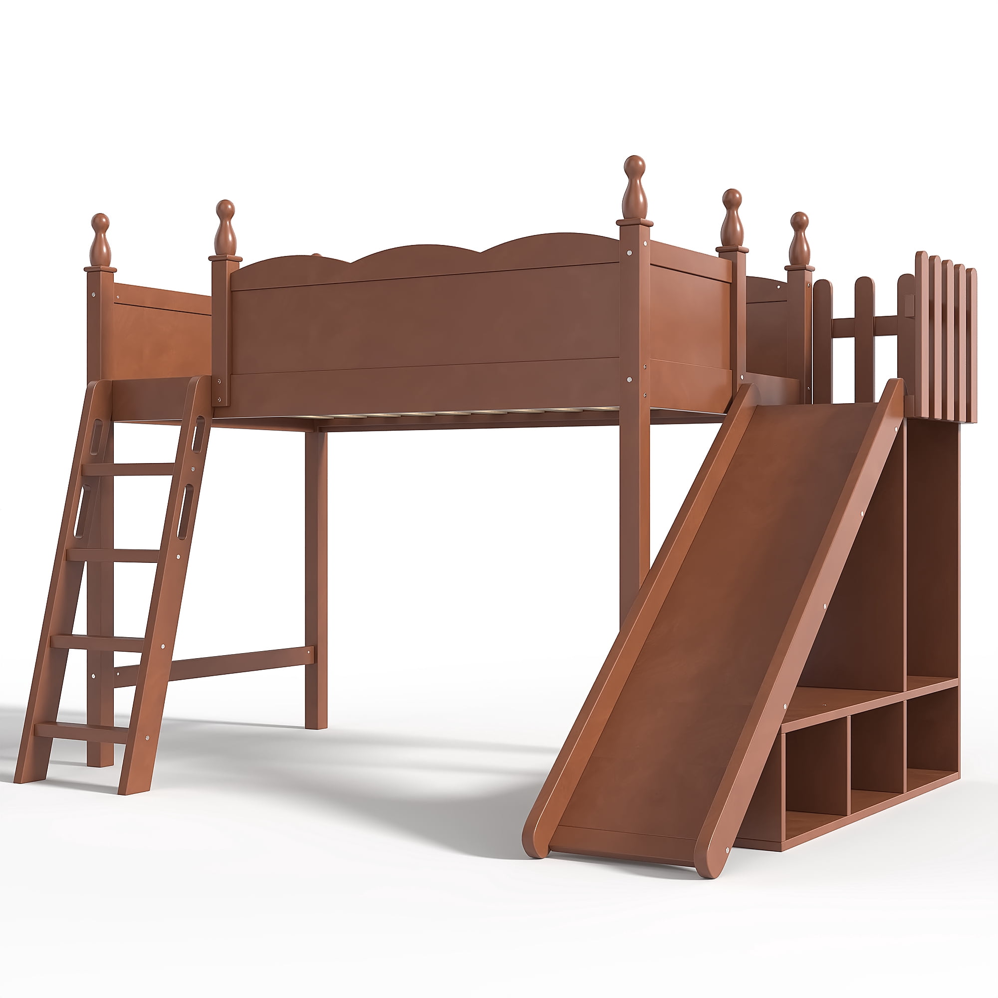 Leumius Twin Loft Bed Frame with Storage Shelves and Wardrobe, Solid Wood Loft Bed with Detachable Slide and Ladders for Kids Teens Adults Deep Natural