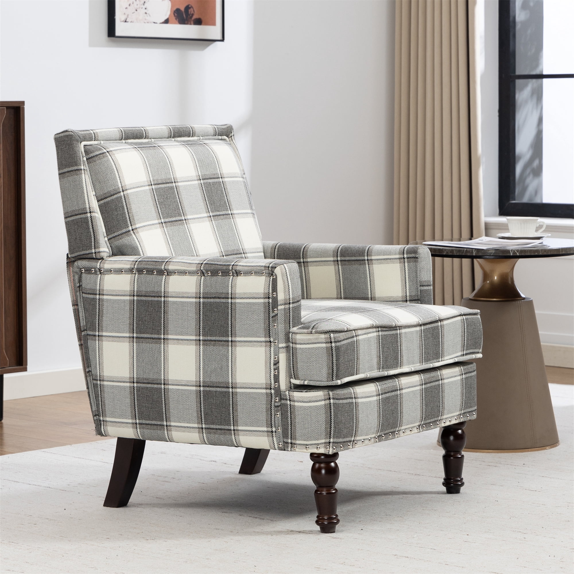 Aukfa Vintage Accent Chair Mid-Century Modern High Back Armchair for Living Room, Nailhead Trim, Antique Grey