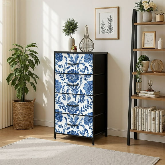 4 Drawer Vertical Storage Dresser floral folk ethnic folklore flowers watercolor navy blue with Wood Top Fabric Pull Drawers