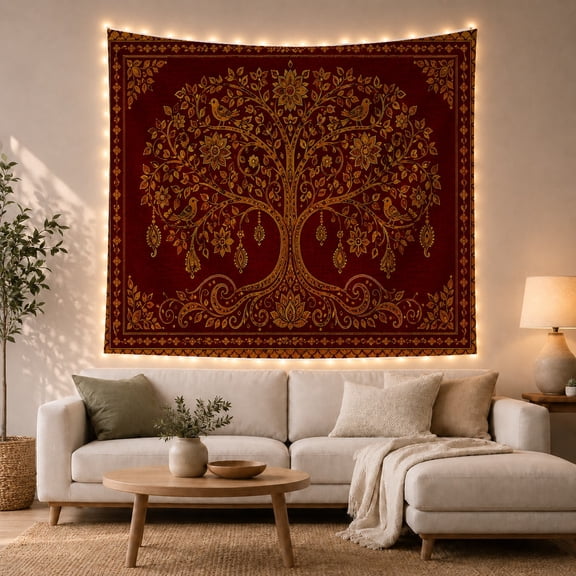 Ornate Gold Tree on Red Symmetrical Background, Majestic Boho for Nature Lovers, Botanical Wall Art, Housewarming Gift, Tapestry Wall Hanging for Bedroom and Living Room