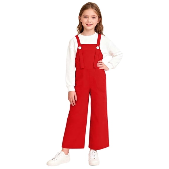 XIMIN Girls' Wide Leg Overalls - Casual Button Strap Bib Overalls Cute Sleeveless Jumpsuits with Pockets for Kids Teens (Red, 13-14 Years)