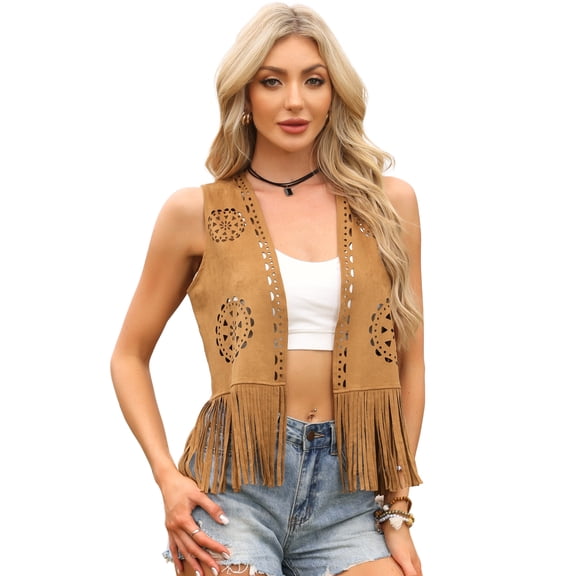 DARING DIVA Women's Fringe Open Front Faux Suede Tassel Vest Top Cardigan M Brown
