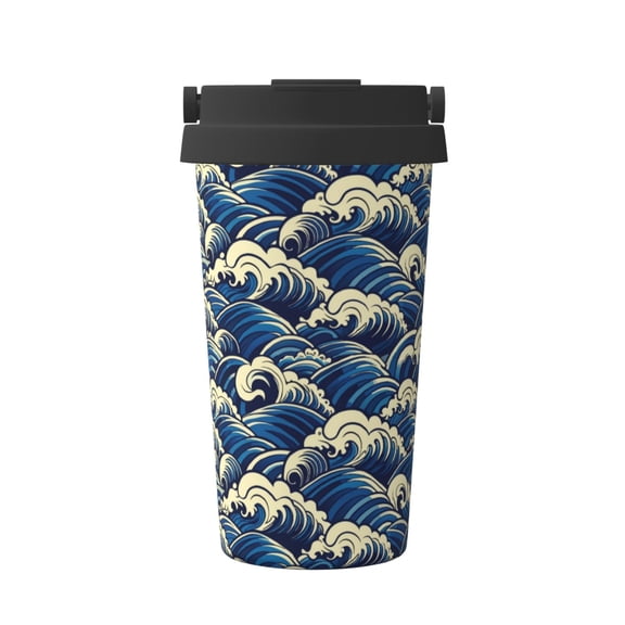 Logiee Japanese Water Wave Print Stainless Steel Coffee Tumbler, Travel Coffee Mug, Insulated Coffee Mug with Lid, Spill Proof Coffee Cup, Portable Thermal Mug