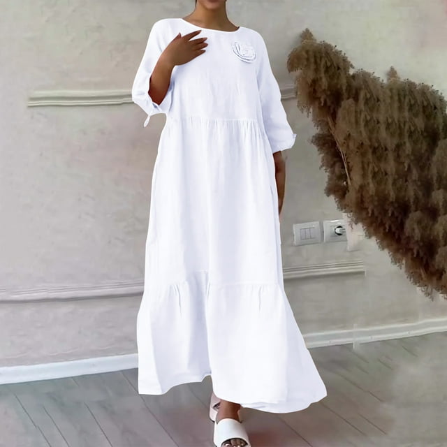 Qiopertar Robe Décontractée à Manches Longues en Coton et Lin Col en V Printemps et Été pour Femmes en Solde à Moins de 5$ en Solde