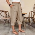 thumbnail image 3 of Plus Size Women's Cotton Linen Casual Capri Pants Pockets Elastic High Waist Cropped Trousers Versatile Bottoms for Daily Life and Travel, 3 of 8
