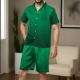 thumbnail image 2 of YLSDY Men Silk Pajama Set Sleepwear Short Sleeve Button Down Pajamas Summer Loungewear 2 Piece Pj Set with Pockets Army Green 6, 2 of 5