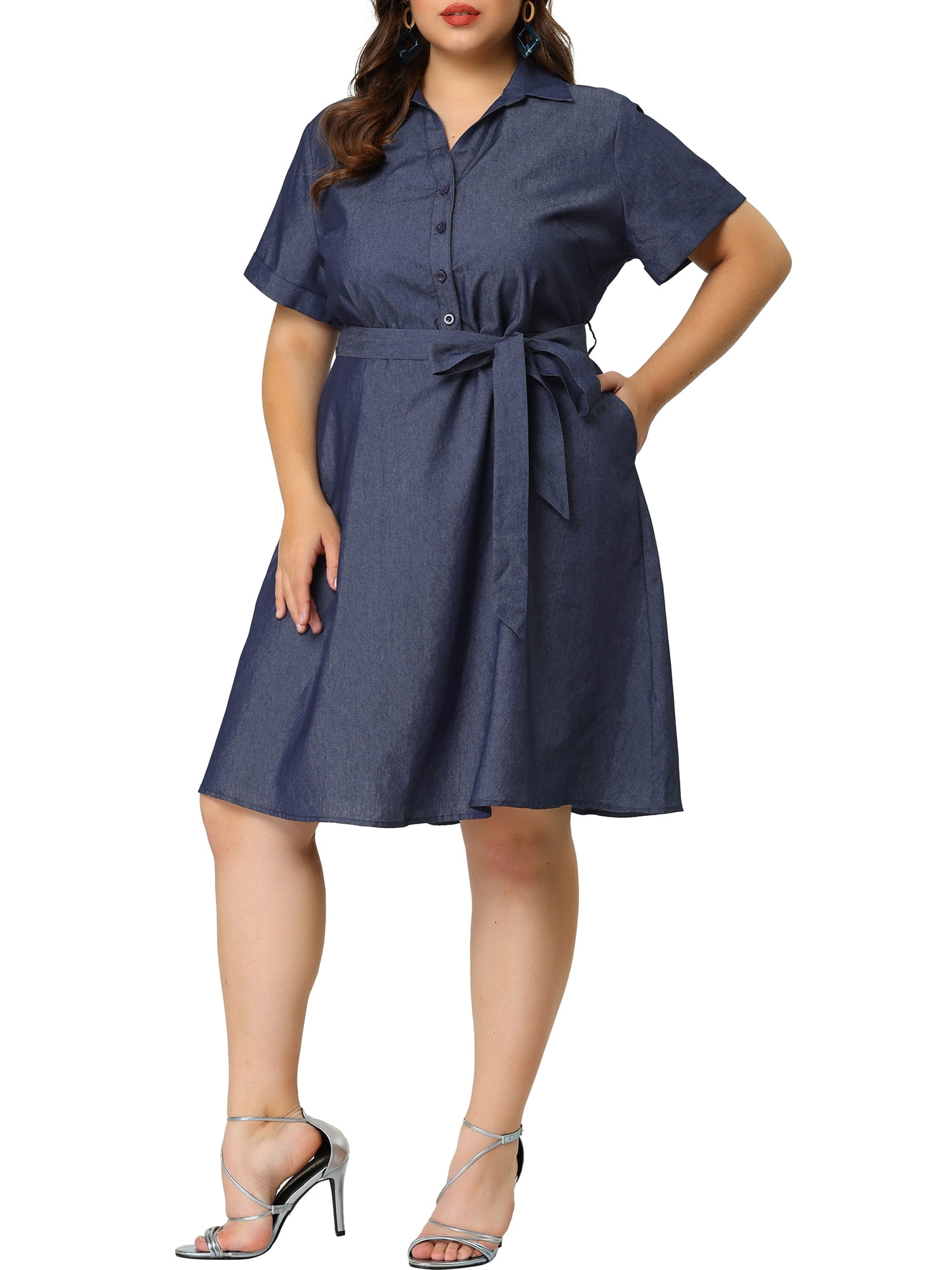 Unique Bargains Juniors' Plus Size Wrap Belted High Waist Chambray Dress 2X Black Blue