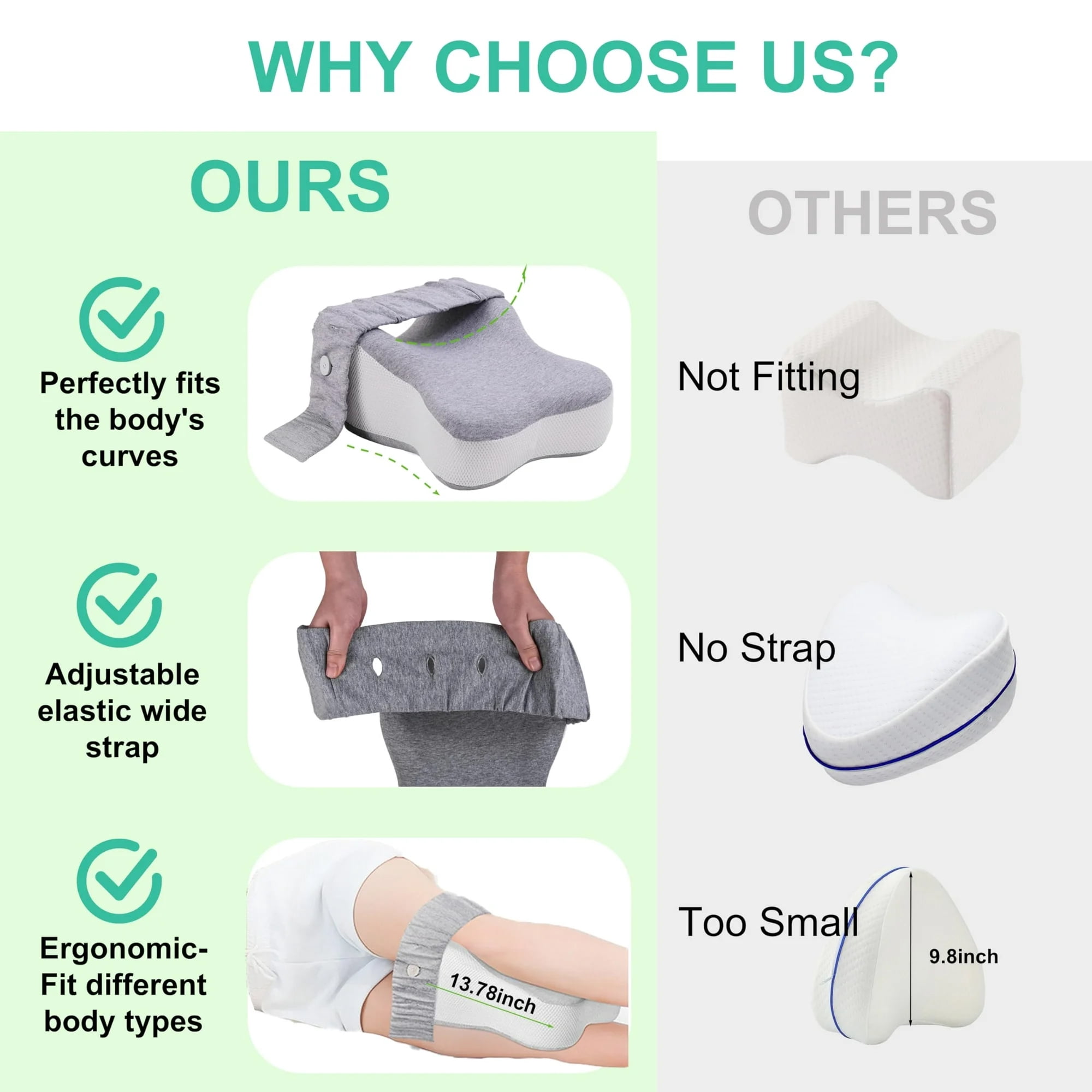 Asunby Knee Pillow for Side Sleeper with Adjustable Straps - Fully Support Thighs and Knees for Sciatica, Back, HIPS, Knees, Joints Pain Relief - Leg Pillow for Side Sleeping