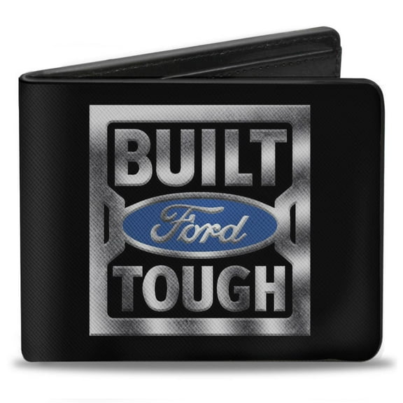 Ford Wallet, Bifold, Built Ford Tough Logo Black Silver Gradient Blue, Vegan Leather