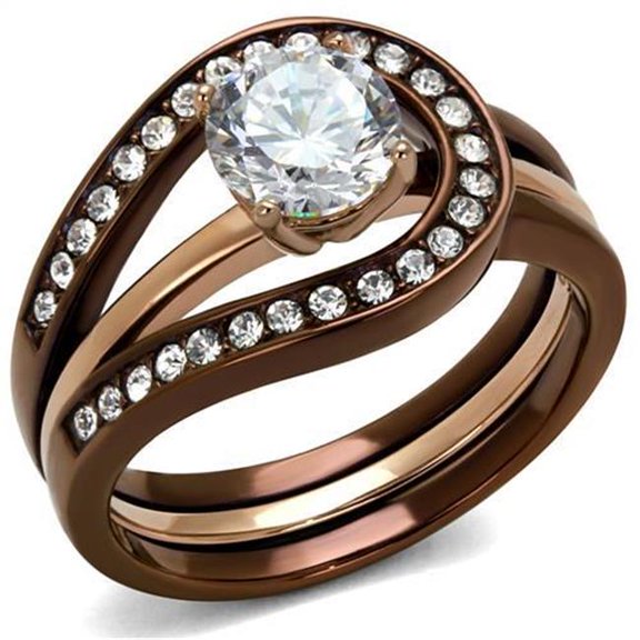 Alamode TK2032LC-9 Women IP Rose Gold & IP Light Coffee Stainless Steel Ring with AAA Grade CZ in Clear - Size 9