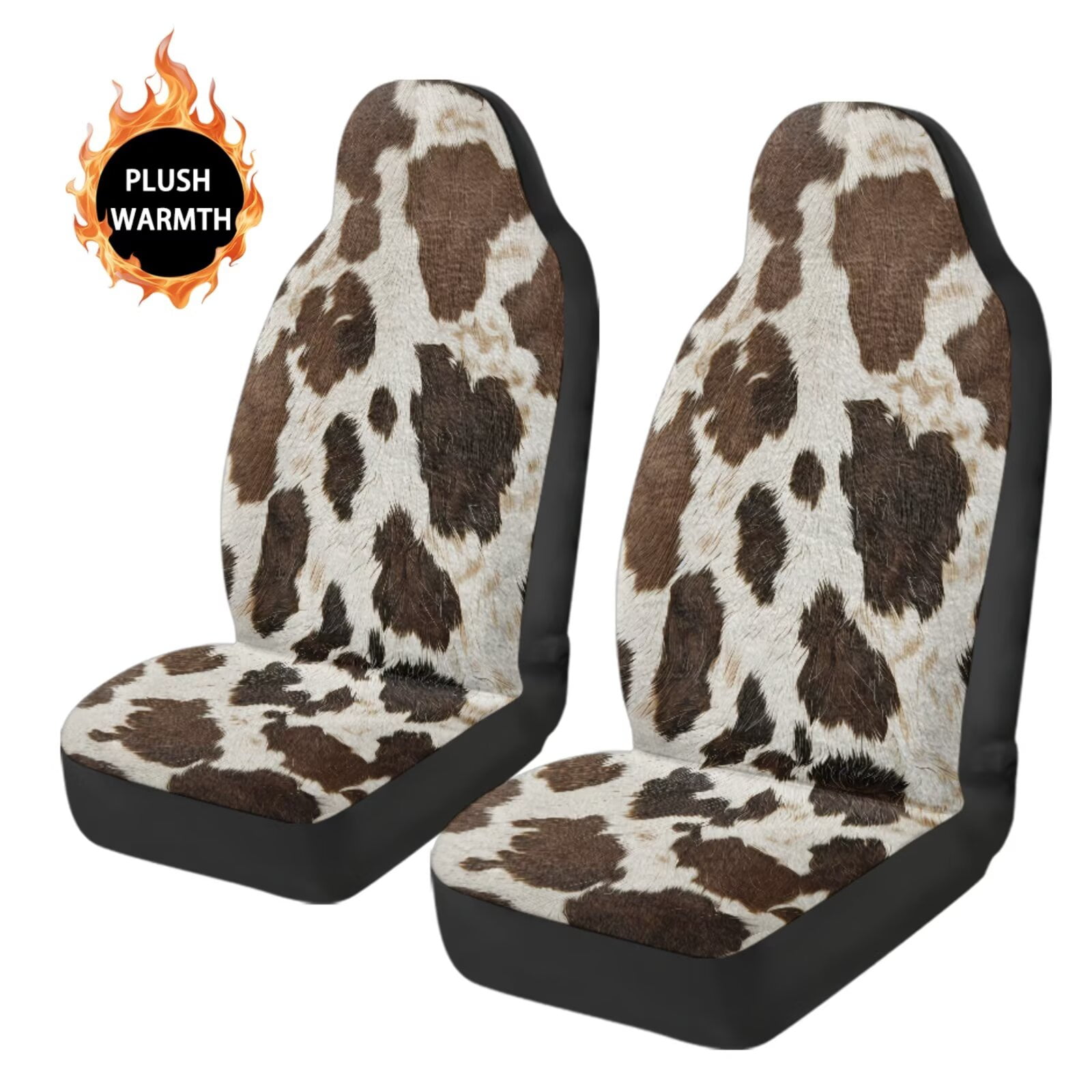 Uorisanigo 2PCS Car Seat Covers for Front Seats, Plush Automotive Seat Covers, Brown Cow Print Vehicle Seats Protectors Driver Interior Accessories Universal for Most Cars, SUV
