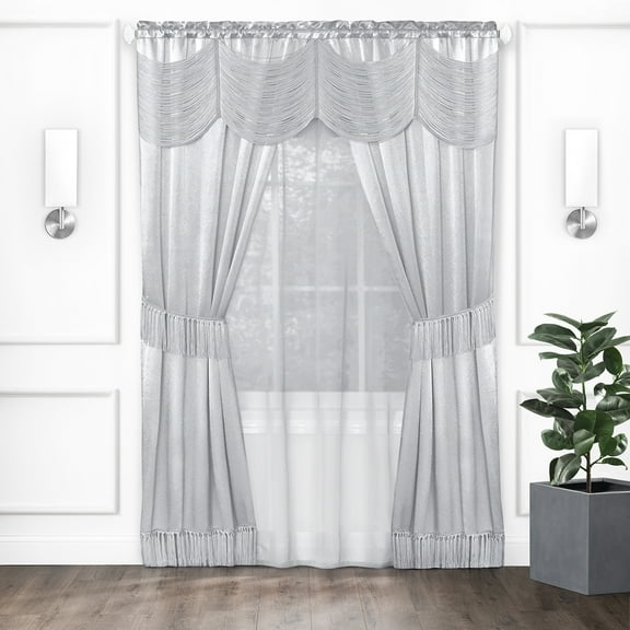 Woven Trends Halley 6 Piece Window Curtain Set, Victorian Style Curtains 84 Inches Long, Window In A Bag Curtain and Valance Set for Living Room and Bedroom, Rod Pocket 56" x 84", Silver