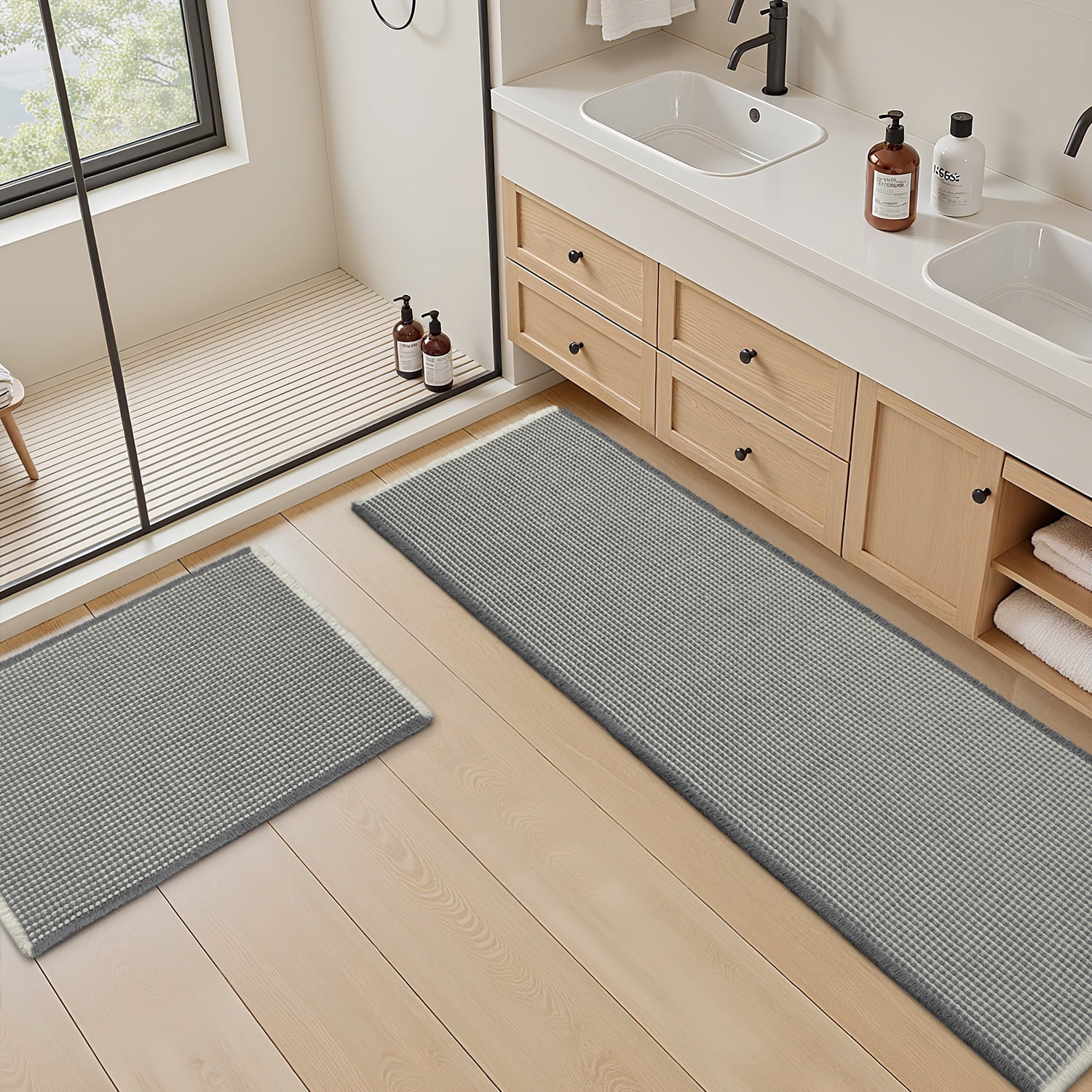 VUNATE Waffle Bathroom Runner 2'x6' Bath Runner Ultra-Soft Non-Slip Bath Mat Super Absorbent Quick Dry Bathroom Rugs Machine Washable Bathroom Mats for Bathroom Floor Kitchen Dark Gray and White