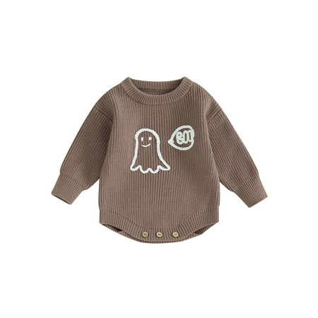 

Infant Baby Boys Girls Halloween Outfit Knitting Ghost Jacquard Round Neck Long Sleeve Sweater Romper Fall One Piece Jumpsuit