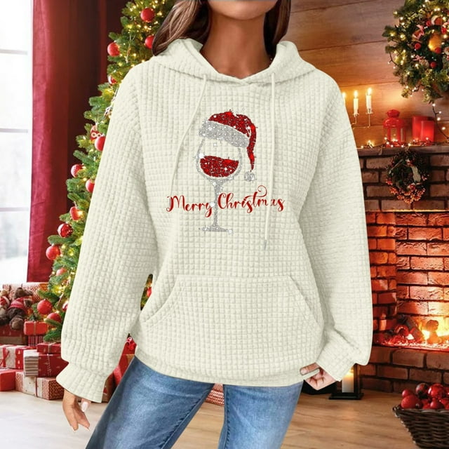 Chandails d'Hiver Grande Taille pour Femmes Chandails Décontractés à Col Rond Manches Longues Imprimé de Noël Chandail à Capuchon Amusant Beige TTTG