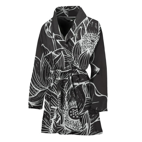 Monochrome Lotus Women Bathrobe One Size Univeral Fits, Lotus Floral Fashion Lightweight Plush Fleece Long Robe For Women