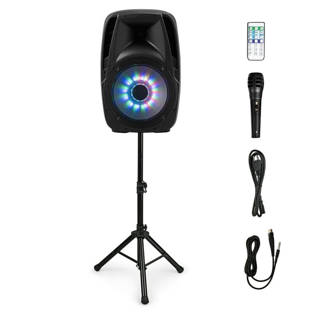 Gymax Support de Haut-Parleur Portable 15 Pieds' 1500 W à Alimentation Bidirectionnelle avec Lumière d'Éclairage, Noir, 1 Unité
