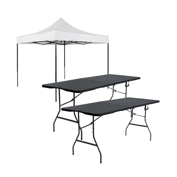 Toldo Blanco Plegable Impermeable 3x3 + Paquete 2 Mesas Plegables Negras Plástico LOOMBER