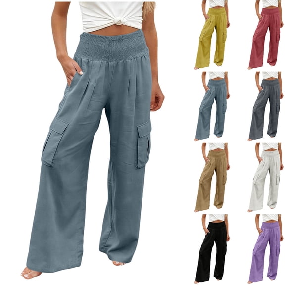 Pxxlle Cargo Pants for Women Elastic Waisted Palazzo Pant Casual Wide Leg Trousers for Hiking Outdoor White XL