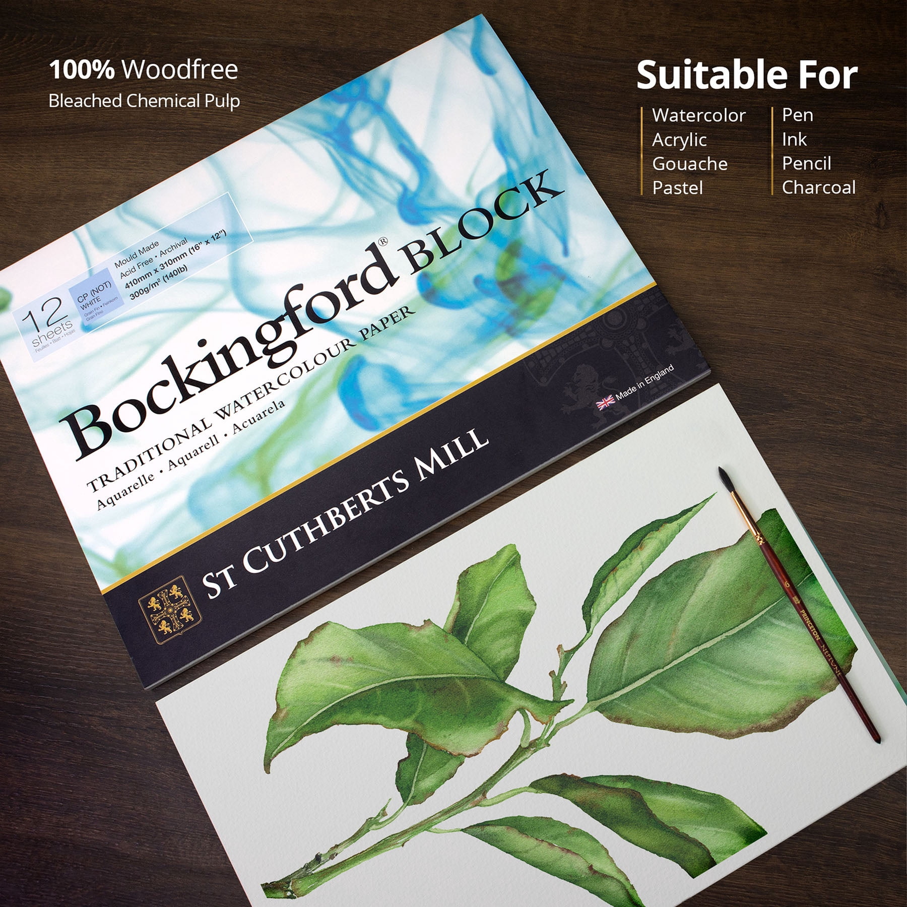 St Cuthberts Bockingford Watercolor Block, Cold Pressed, White, 140lb/300gsm, 12 Sheet, 12x16 inch, 1 Count