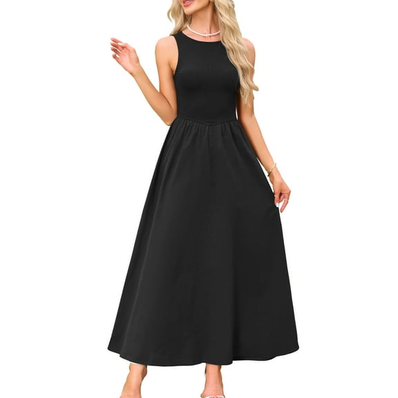 INSPIRE CHIC Sleeveless Maxi Dress for Women's Patchwork A-Line Crew Neck Stretchy Casual Tank Dress XS Black
