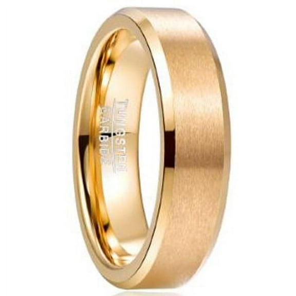 6mm Gold Plated Tungsten Rings for Men Women Matte Finish Wedding Band with Beveled Edges