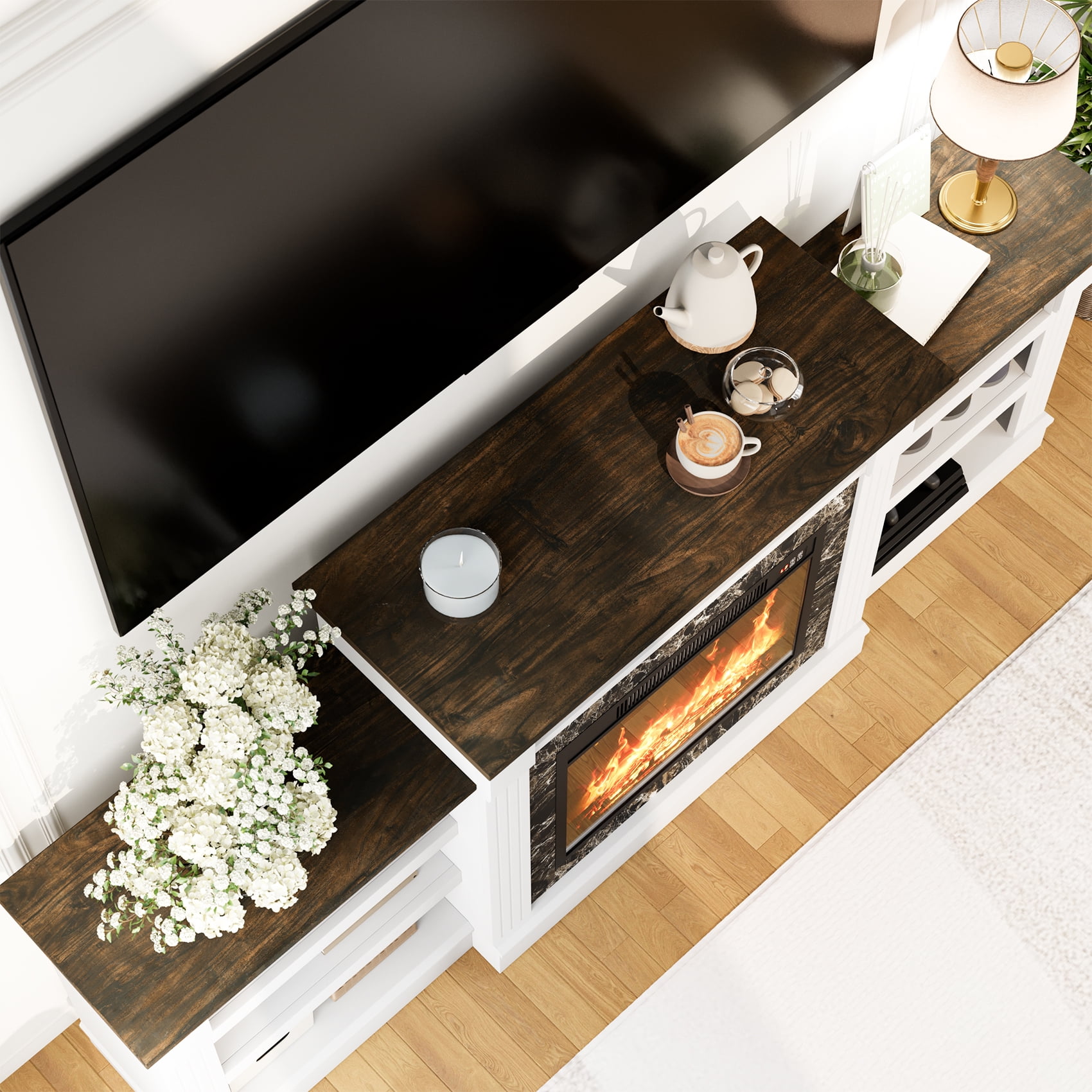 Winkalon 72" Fireplace TV Stand for 75 inch 80 inch TV, Electric Fireplace with Mantel, Farmhouse Entertainment Center with 23" Electric Fireplace, White Brown