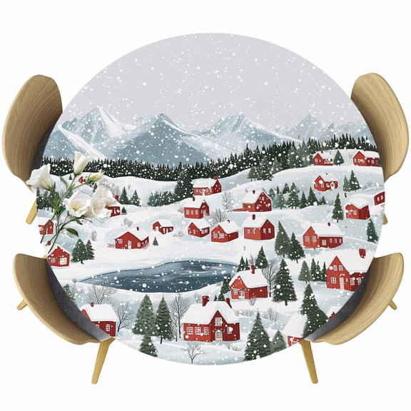 Christmas Round Tablecloth 55-60 Inch Round Fitted Table Cloth with Elastic Edge, Farmhouse Snowflake Xmas Tree Waterproof Table Cover Protector for Outdoor Picnic Party Dining