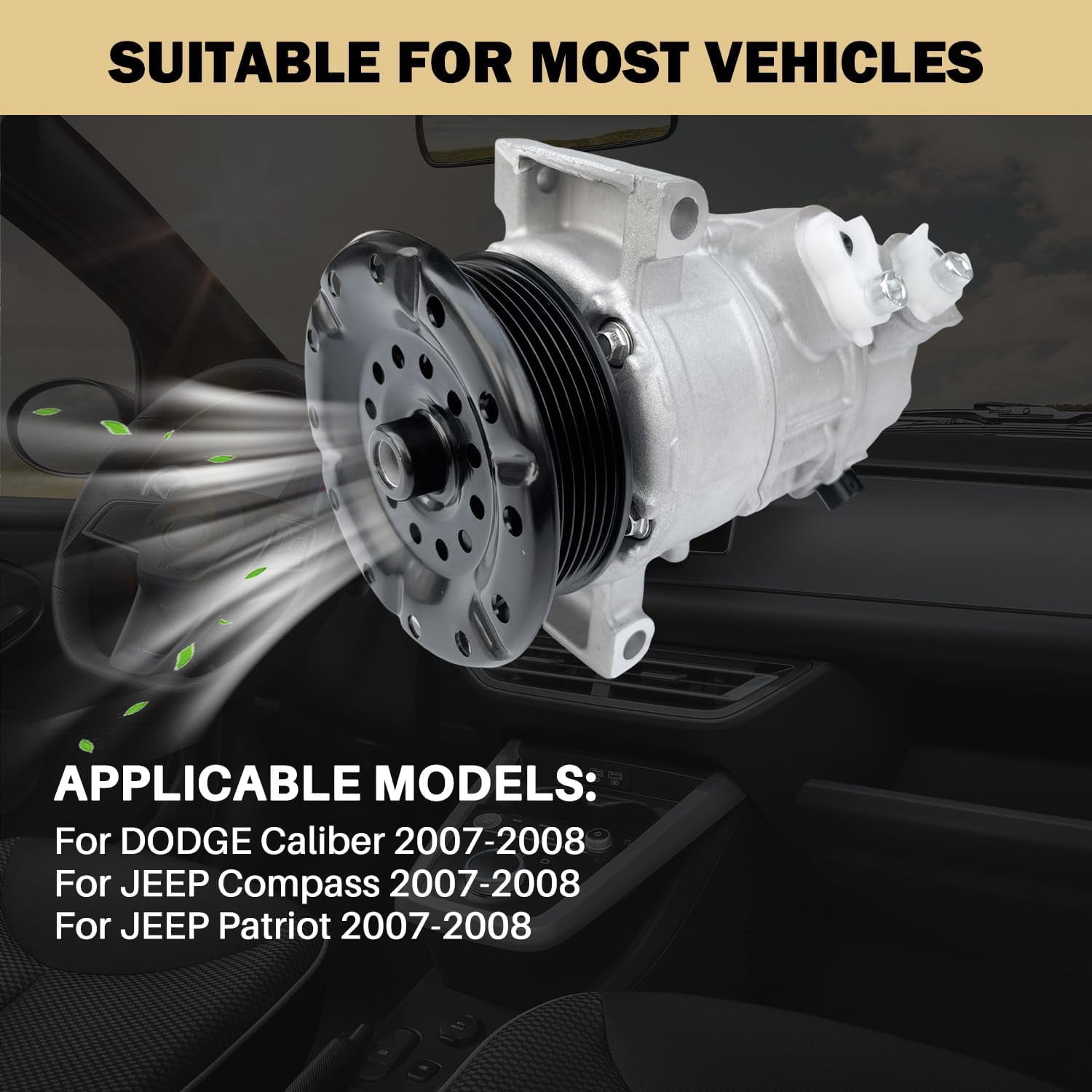 AC Compressor with A/C Clutch for Jeep Compass/Patriot (2.0L/2.4L 2007-2008) & Dodge Caliber (1.8L/2.0L/2.4L 2007-2008) | CO 11023C, Replaces 98395, 5058228AE