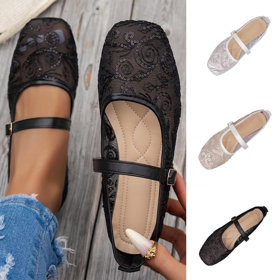XUNKUSGA Flats for Women Comfortable Square Closed Toe Lace Mesh Ballet Flats Trendy Sequin Slip On Mary Jane Flats with Adjustable Buckle Strap,5.5